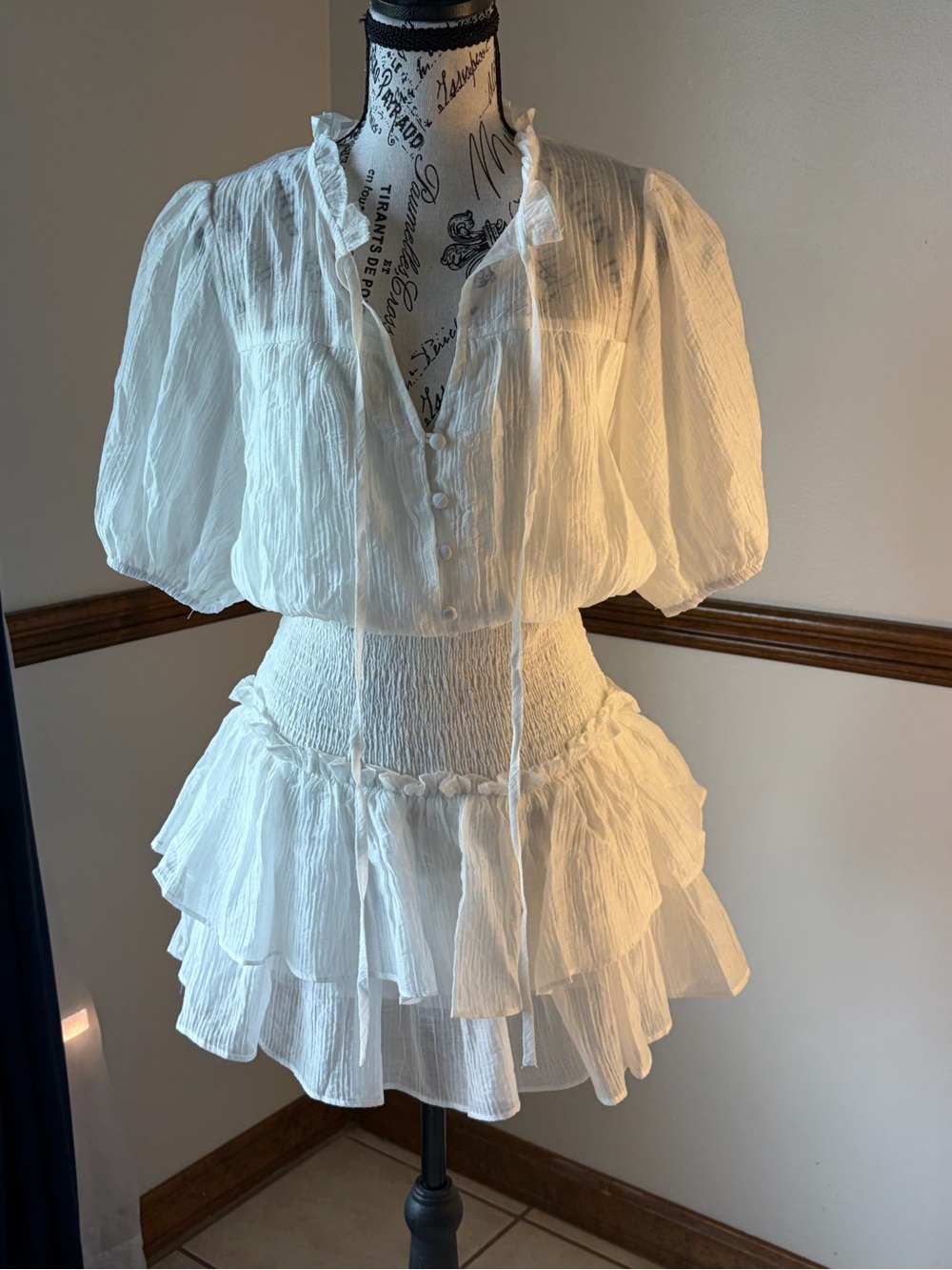 White Ruffled Mini Dress with Puff Sleeves